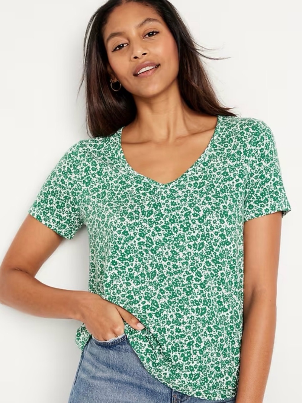 Old Navy Luxe Green Floral V-Neck Tee - Women's Casual Top size small